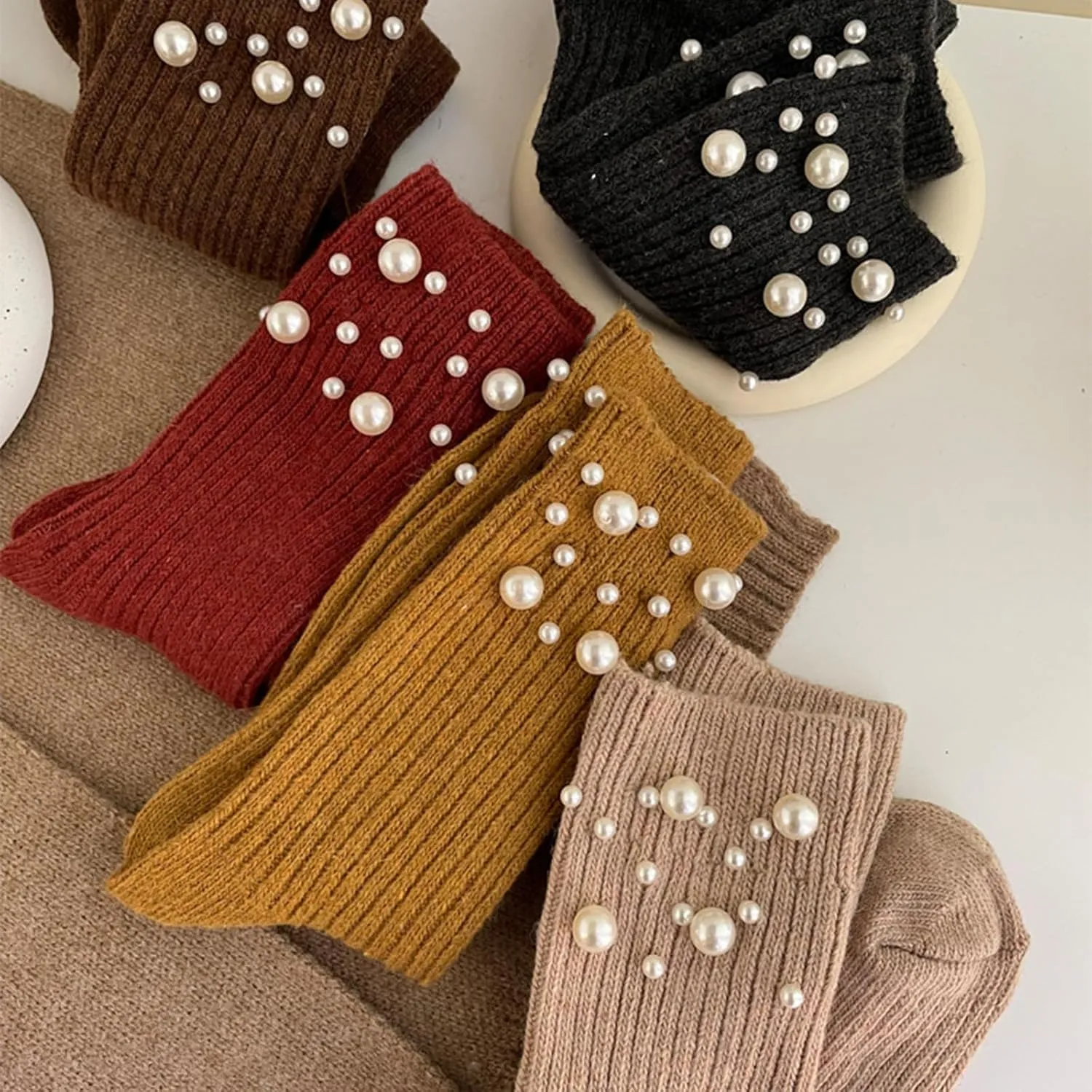 Womens Pearl Socks, Soft Breathable Knitted Crew Socks, Cute Pearl Decor Crew Socks