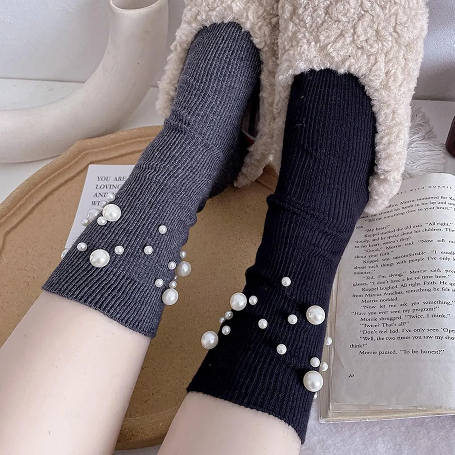 Womens Pearl Socks, Soft Breathable Knitted Crew Socks, Cute Pearl Decor Crew Socks