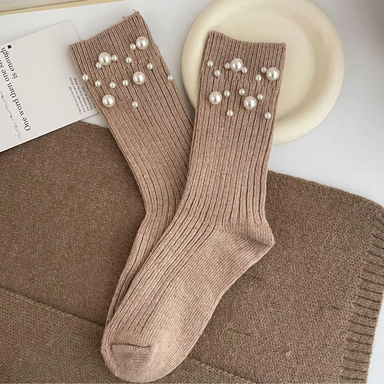 Womens Pearl Socks, Soft Breathable Knitted Crew Socks, Cute Pearl Decor Crew Socks