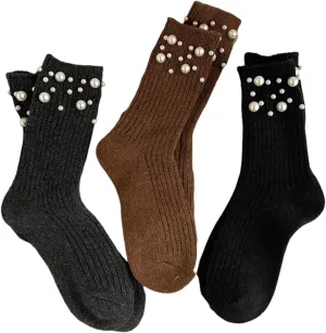 Womens Pearl Socks, Soft Breathable Knitted Crew Socks, Cute Pearl Decor Crew Socks
