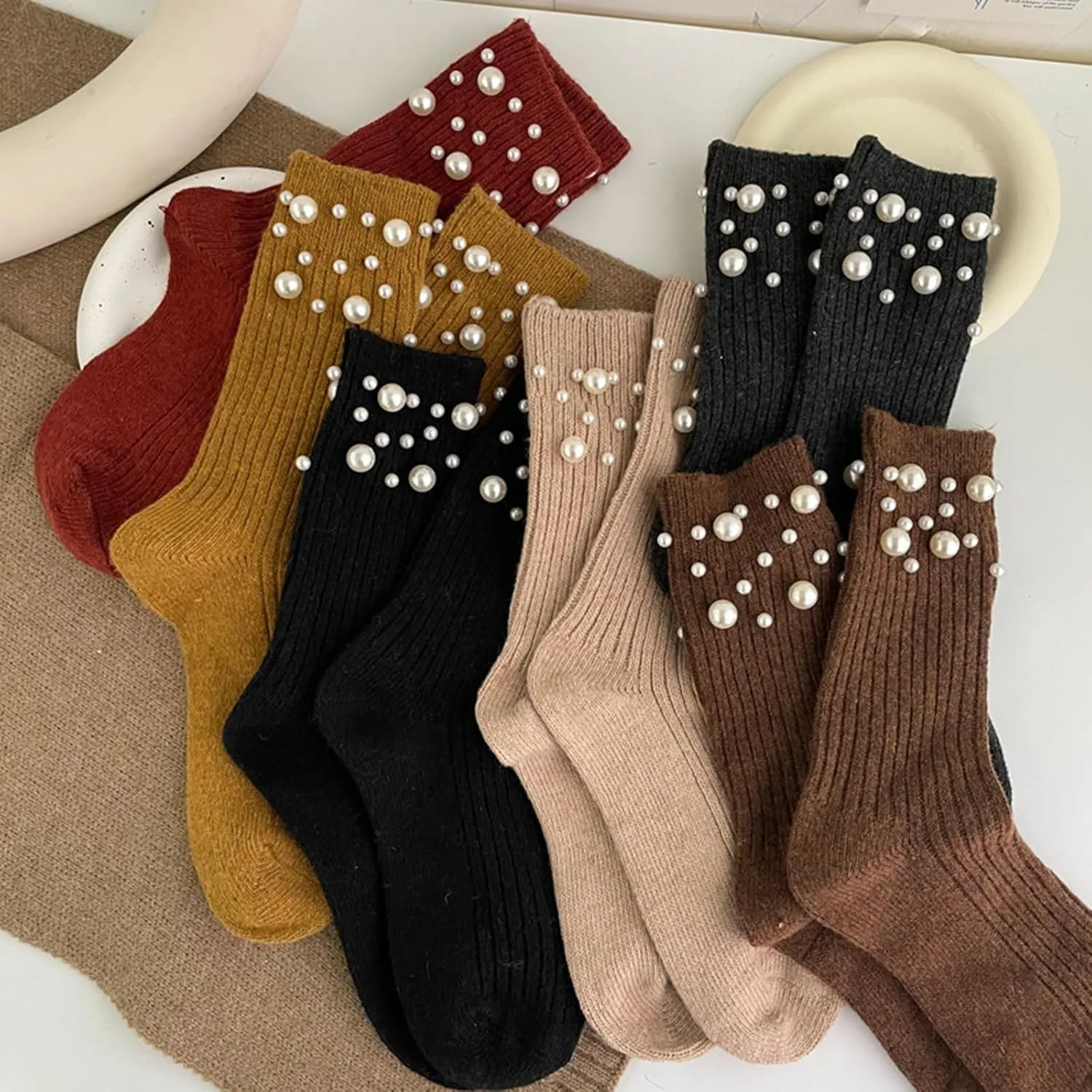 Womens Pearl Socks, Soft Breathable Knitted Crew Socks, Cute Pearl Decor Crew Socks