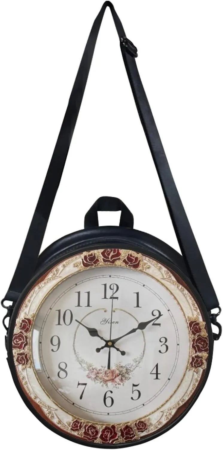 Women's PU Round Clock Shape Tote Handbag Shoulder Bag, Elegant Portable Multi-Function Bag Purse Tote Bag
