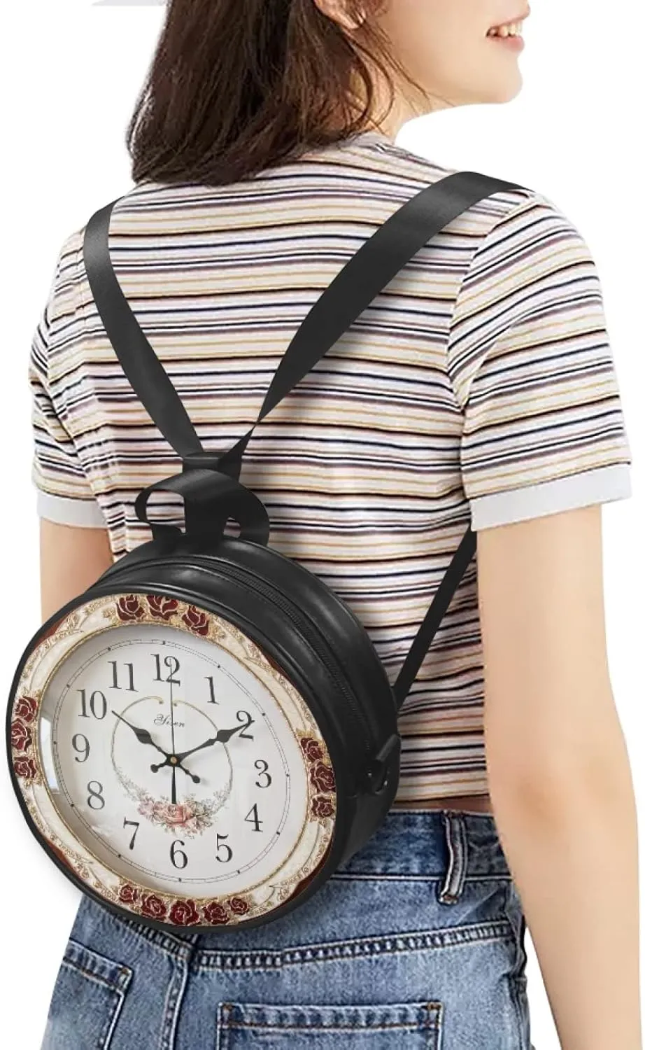Women's PU Round Clock Shape Tote Handbag Shoulder Bag, Elegant Portable Multi-Function Bag Purse Tote Bag