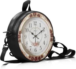 Women's PU Round Clock Shape Tote Handbag Shoulder Bag, Elegant Portable Multi-Function Bag Purse Tote Bag