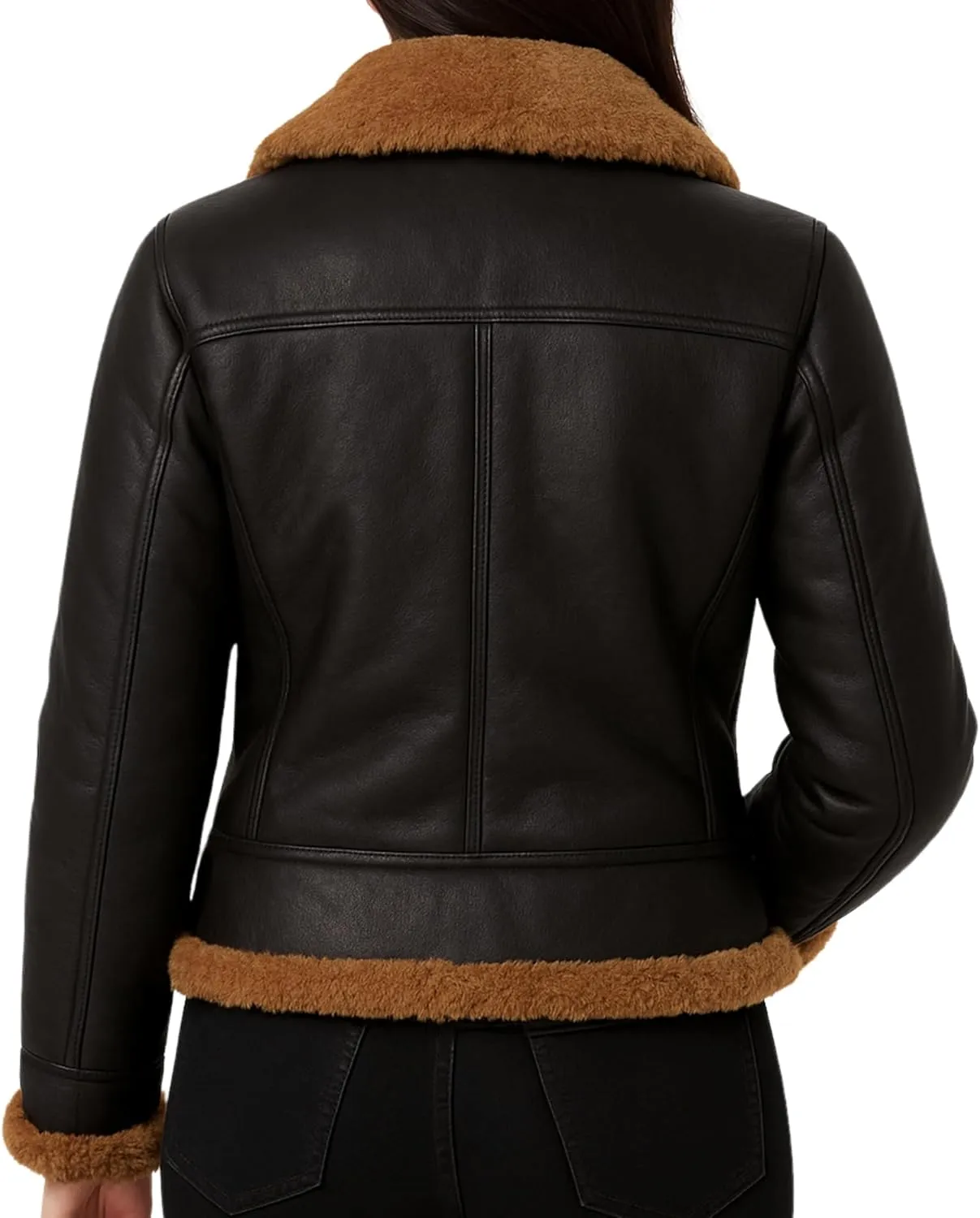 Women's Real Leather Aviator Jacket – Genuine Leather Winter Coat with Faux Shearling Lining and Collar