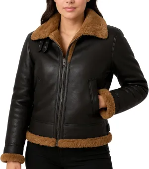 Women's Real Leather Aviator Jacket – Genuine Leather Winter Coat with Faux Shearling Lining and Collar