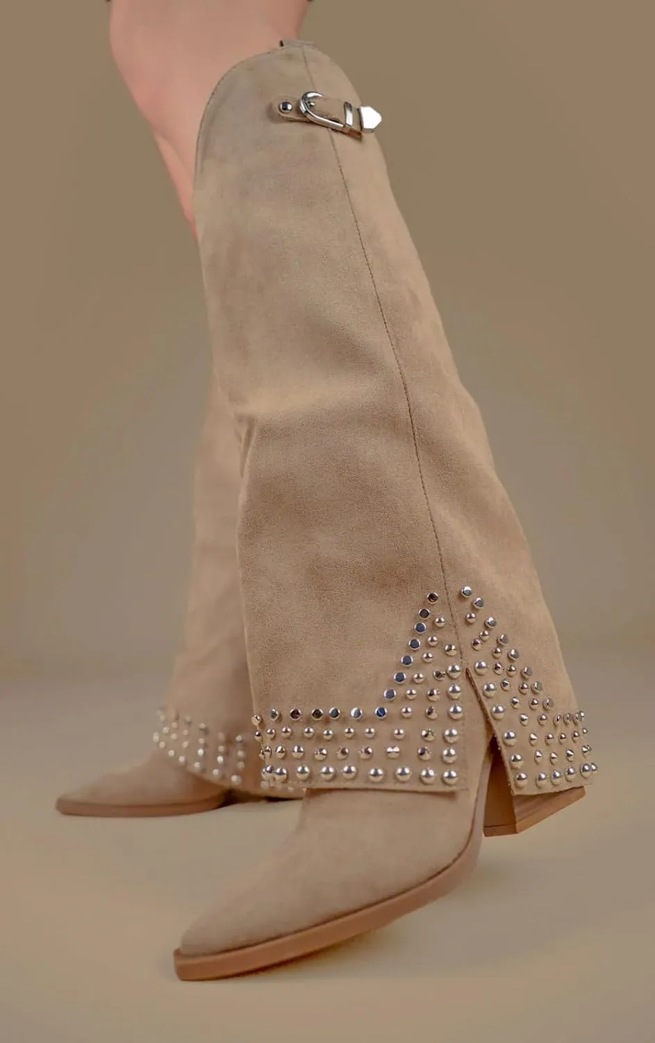 Women's Studded Knee High Boots Western Style Suede Leather Boots Pointed Toe Low Block Heel Fashion Cowboy Riding Boots for Party, Night Out, and Daily Wear