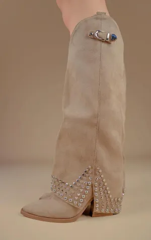 Women's Studded Knee High Boots Western Style Suede Leather Boots Pointed Toe Low Block Heel Fashion Cowboy Riding Boots for Party, Night Out, and Daily Wear