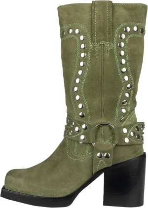 Women's Studded Square Toe Boots Suede Mid Calf Chunky Heel Boots Fashion Pull On Chunky Heel Motorcycle Boots