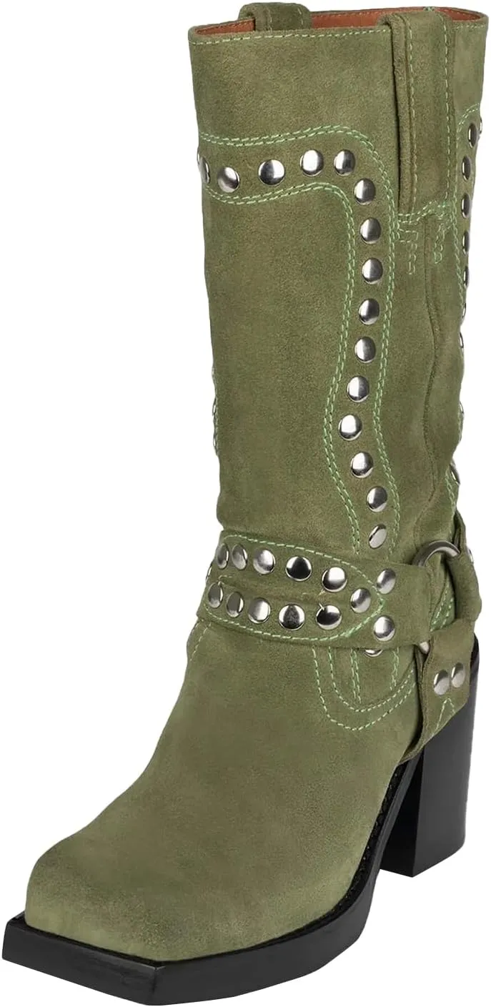 Women's Studded Square Toe Boots Suede Mid Calf Chunky Heel Boots Fashion Pull On Chunky Heel Motorcycle Boots