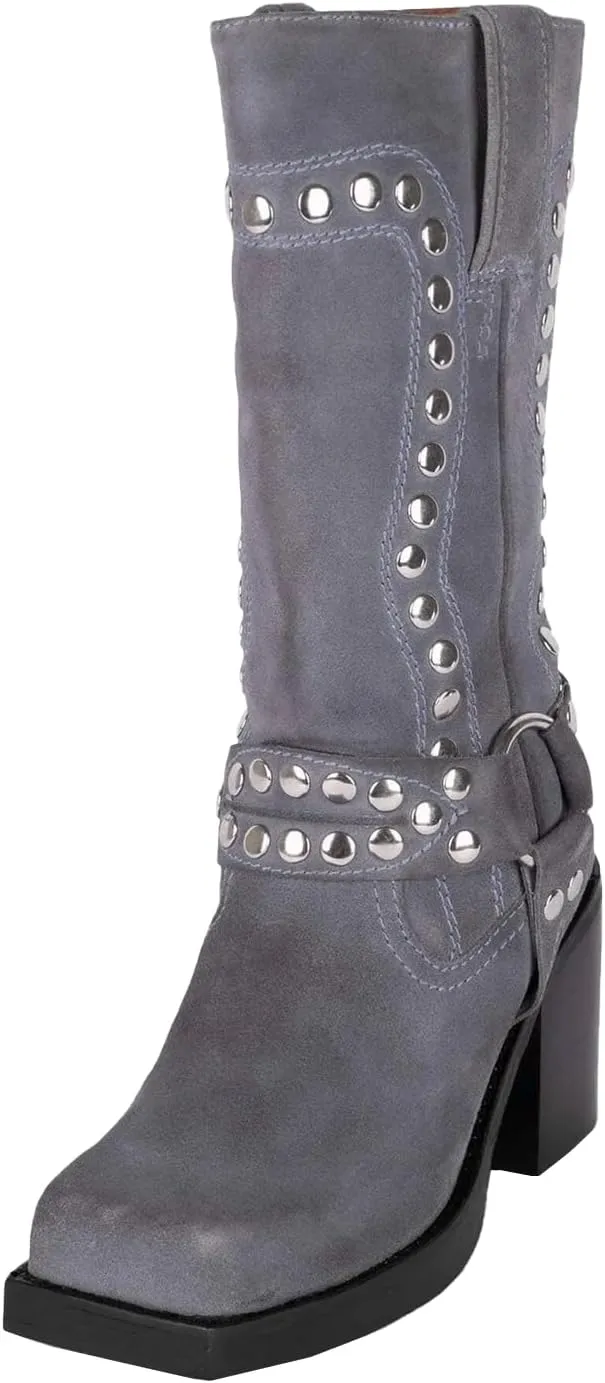 Women's Studded Square Toe Boots Suede Mid Calf Chunky Heel Boots Fashion Pull On Chunky Heel Motorcycle Boots