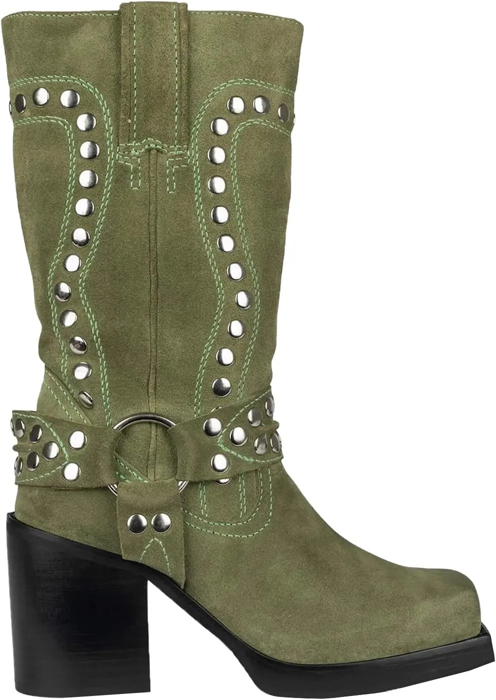 Women's Studded Square Toe Boots Suede Mid Calf Chunky Heel Boots Fashion Pull On Chunky Heel Motorcycle Boots