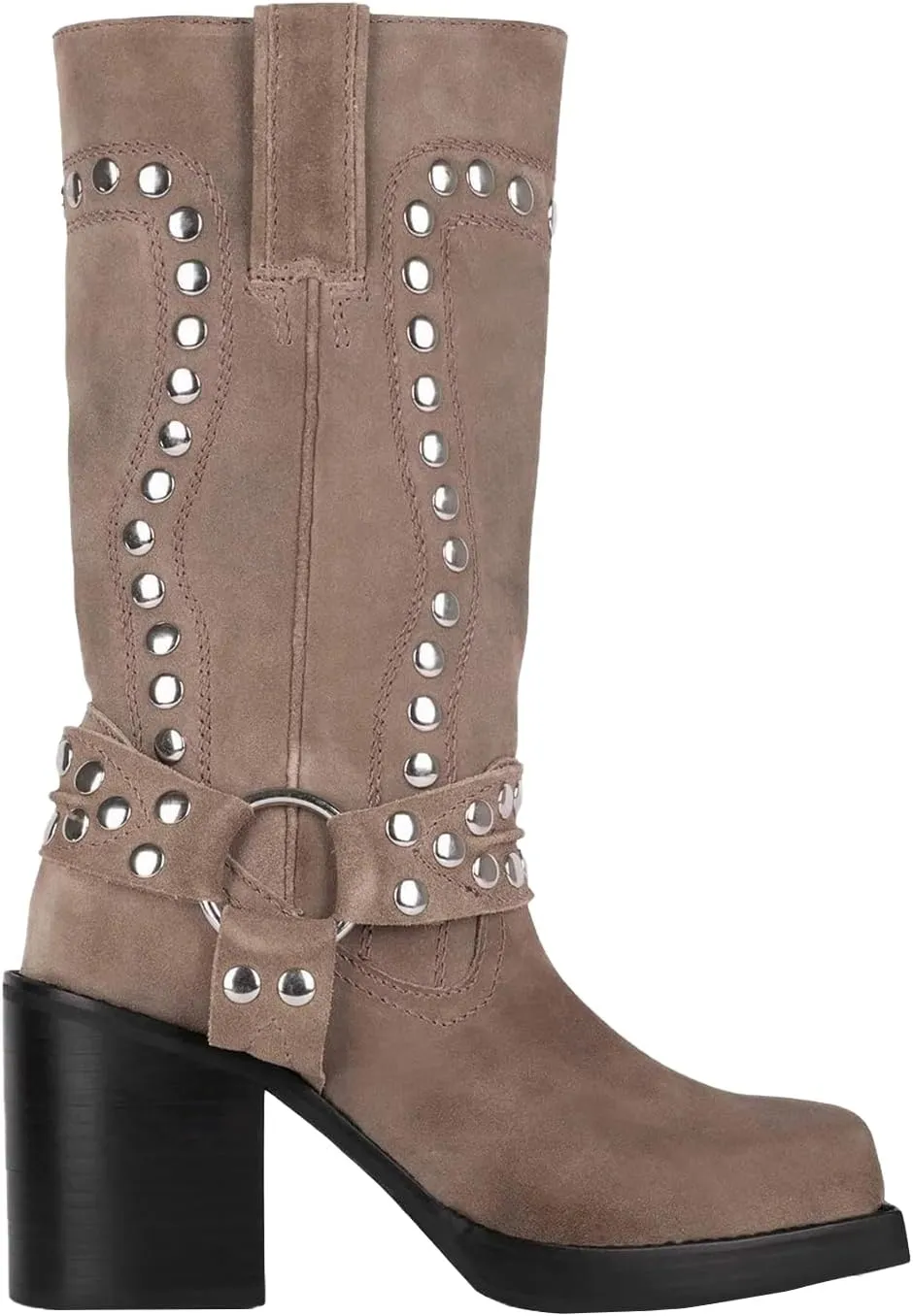 Women's Studded Square Toe Boots Suede Mid Calf Chunky Heel Boots Fashion Pull On Chunky Heel Motorcycle Boots
