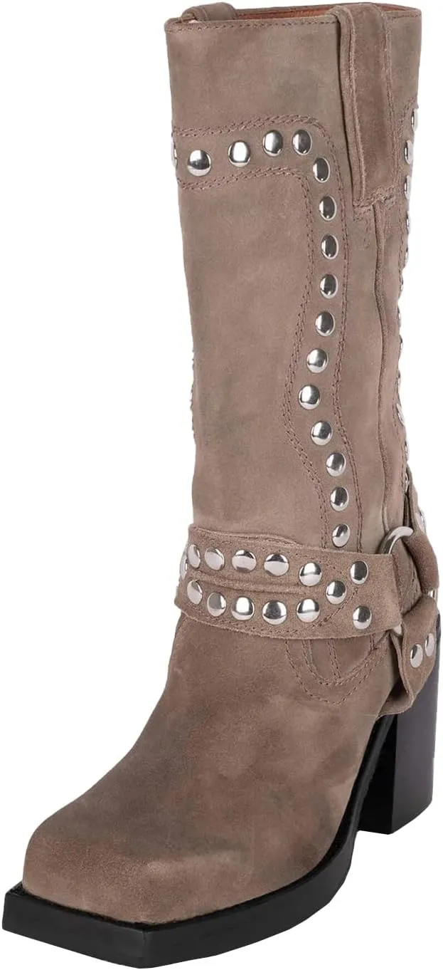 Women's Studded Square Toe Boots Suede Mid Calf Chunky Heel Boots Fashion Pull On Chunky Heel Motorcycle Boots