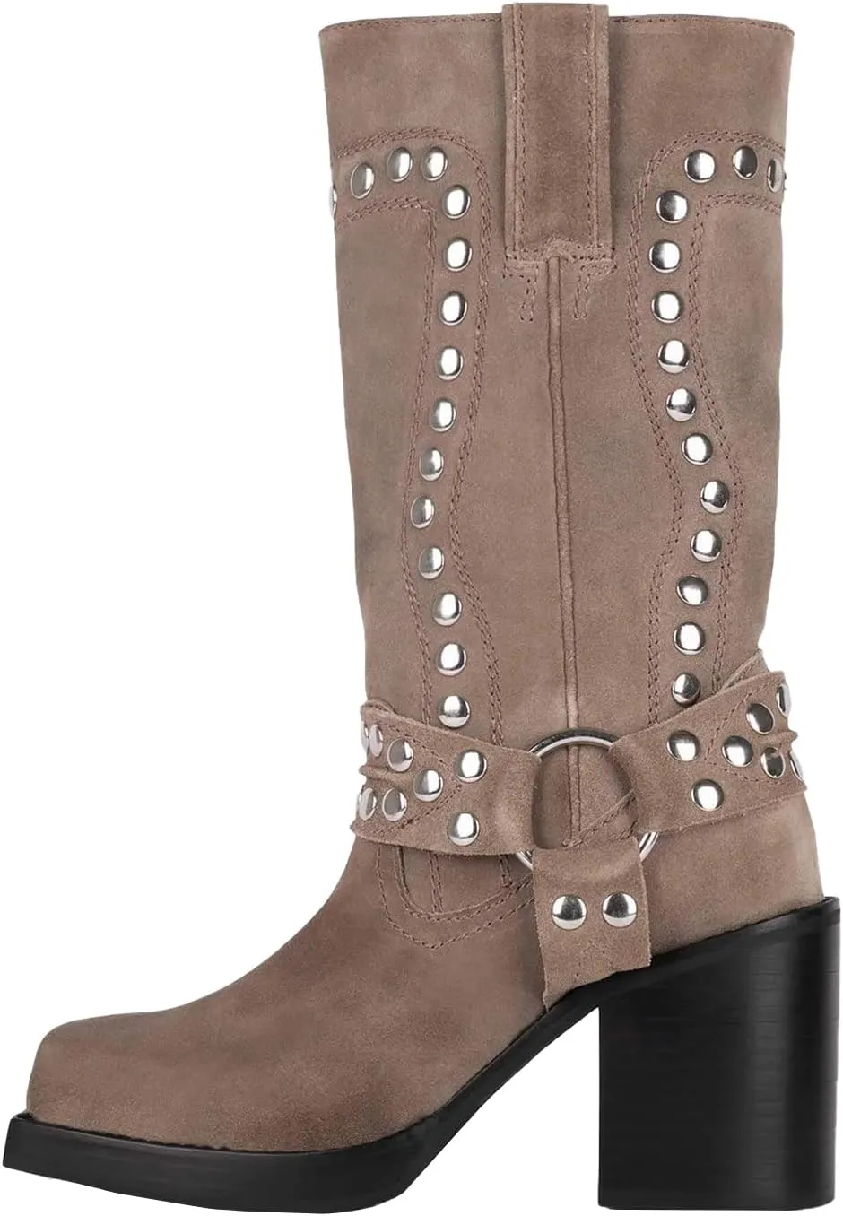 Women's Studded Square Toe Boots Suede Mid Calf Chunky Heel Boots Fashion Pull On Chunky Heel Motorcycle Boots