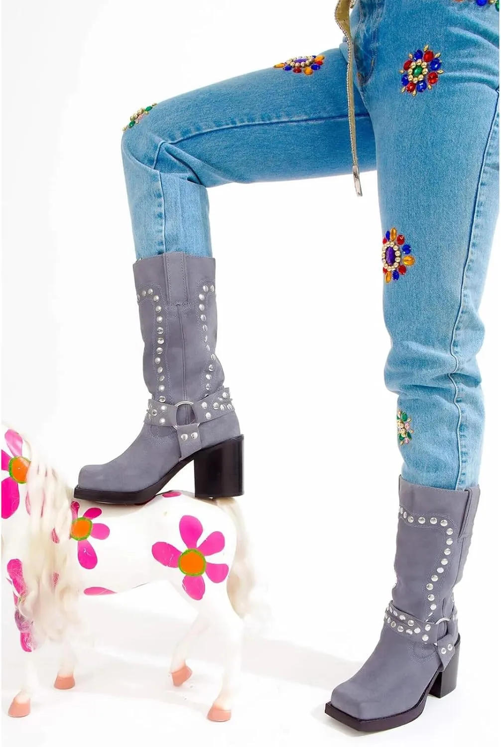Women's Studded Square Toe Boots Suede Mid Calf Chunky Heel Boots Fashion Pull On Chunky Heel Motorcycle Boots