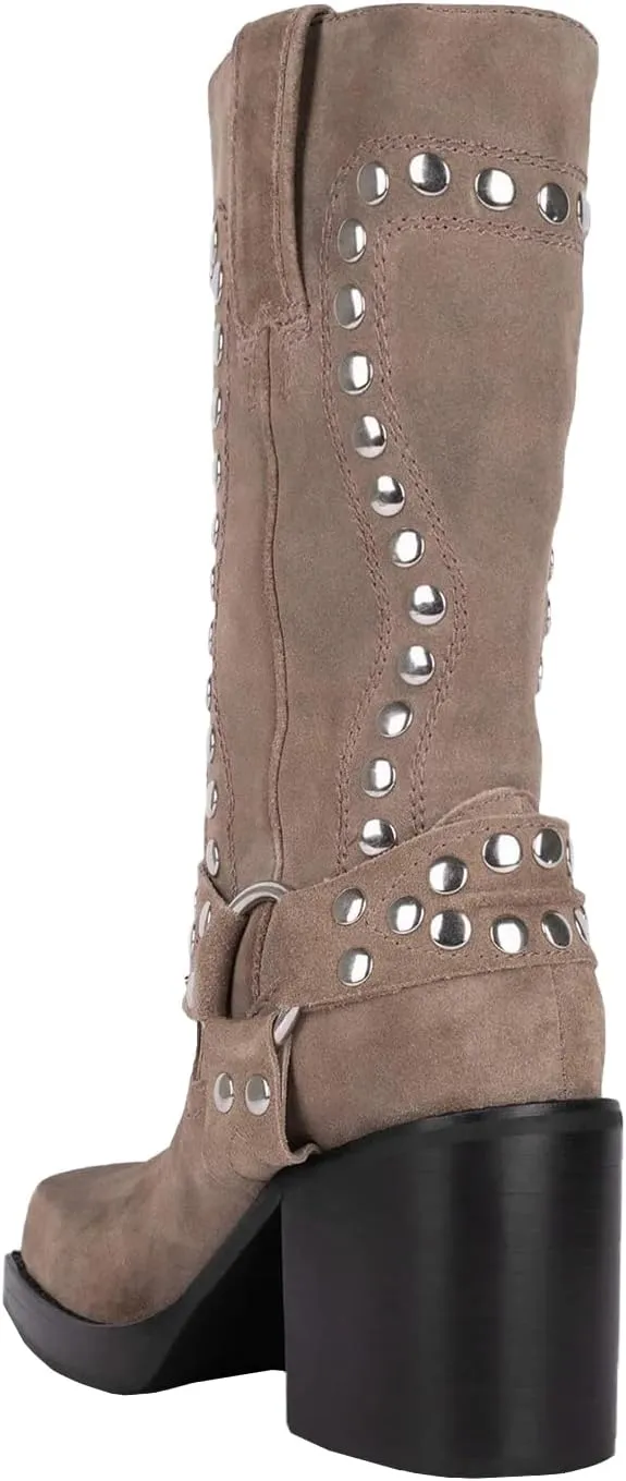 Women's Studded Square Toe Boots Suede Mid Calf Chunky Heel Boots Fashion Pull On Chunky Heel Motorcycle Boots