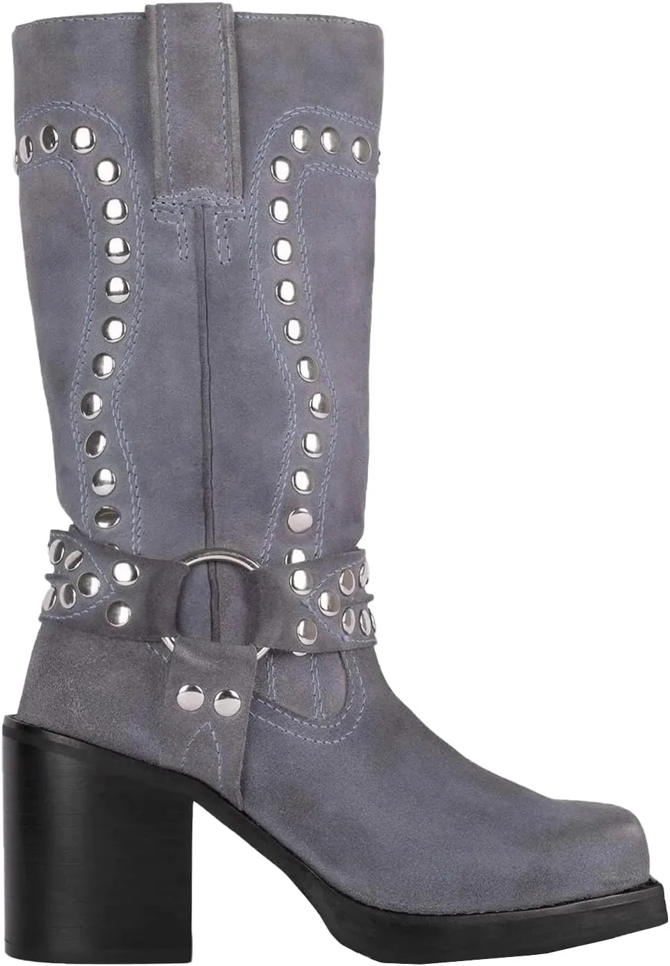 Women's Studded Square Toe Boots Suede Mid Calf Chunky Heel Boots Fashion Pull On Chunky Heel Motorcycle Boots