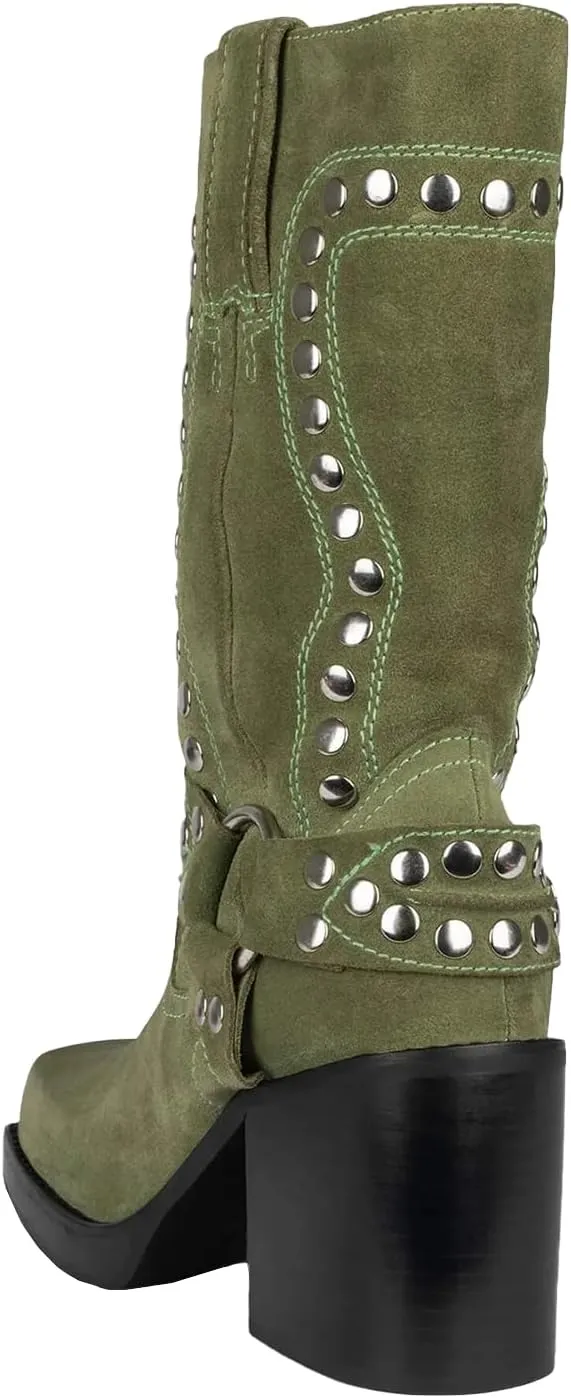 Women's Studded Square Toe Boots Suede Mid Calf Chunky Heel Boots Fashion Pull On Chunky Heel Motorcycle Boots