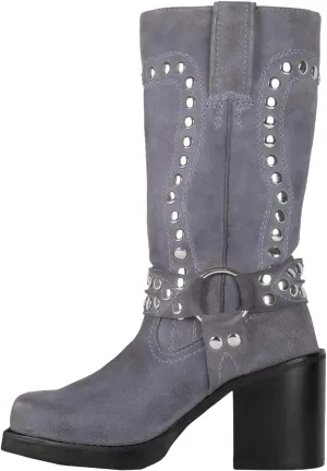 Women's Studded Square Toe Boots Suede Mid Calf Chunky Heel Boots Fashion Pull On Chunky Heel Motorcycle Boots