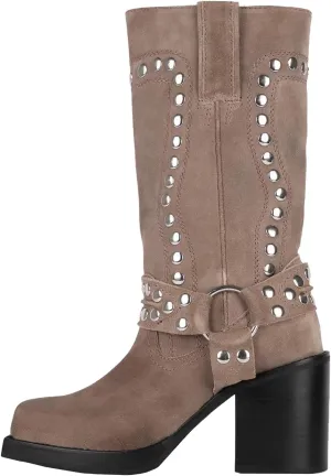 Women's Studded Square Toe Boots Suede Mid Calf Chunky Heel Boots Fashion Pull On Chunky Heel Motorcycle Boots