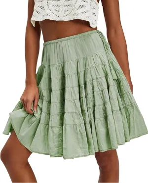 Womens Tiered Boho Pleated Drawstring Waist Knee Length Flowy Midi Short Skirts