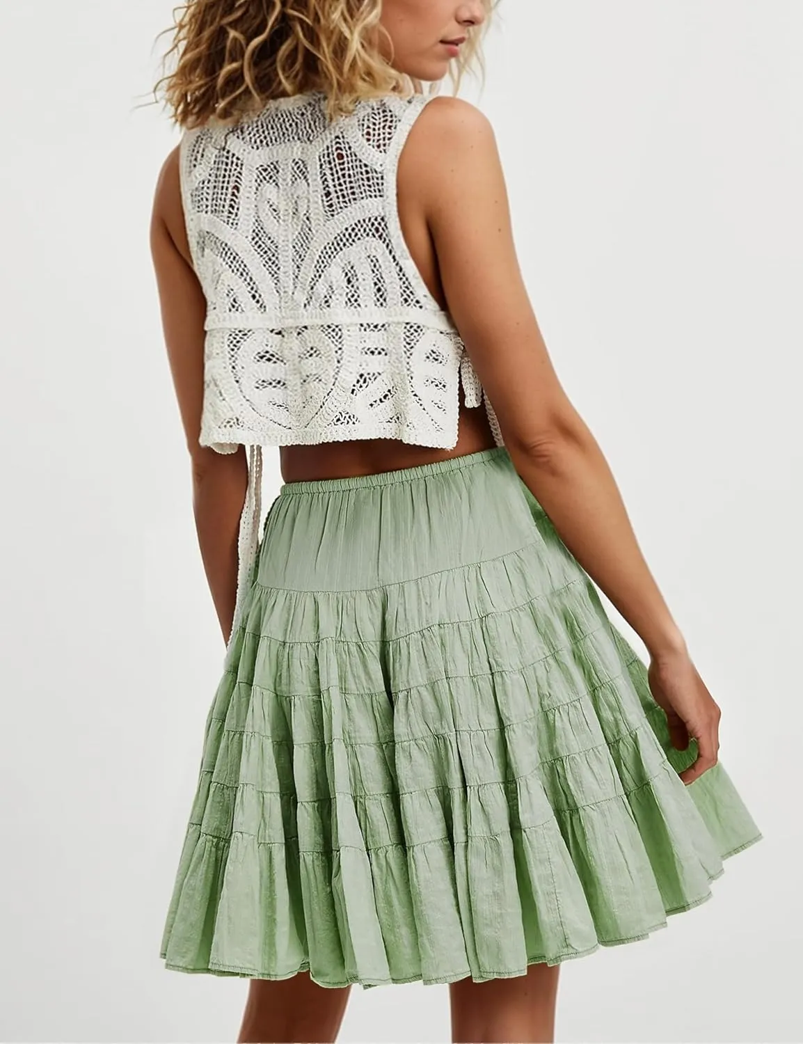 Womens Tiered Boho Pleated Drawstring Waist Knee Length Flowy Midi Short Skirts