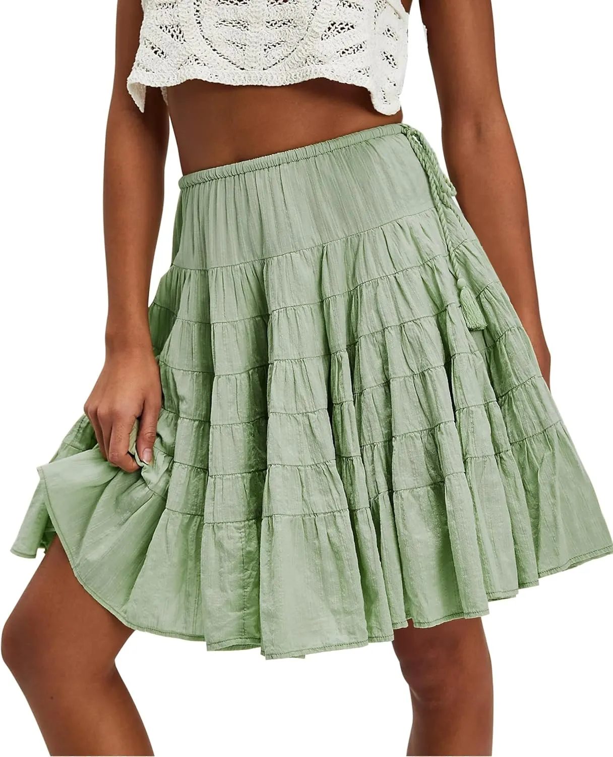 Womens Tiered Boho Pleated Drawstring Waist Knee Length Flowy Midi Short Skirts