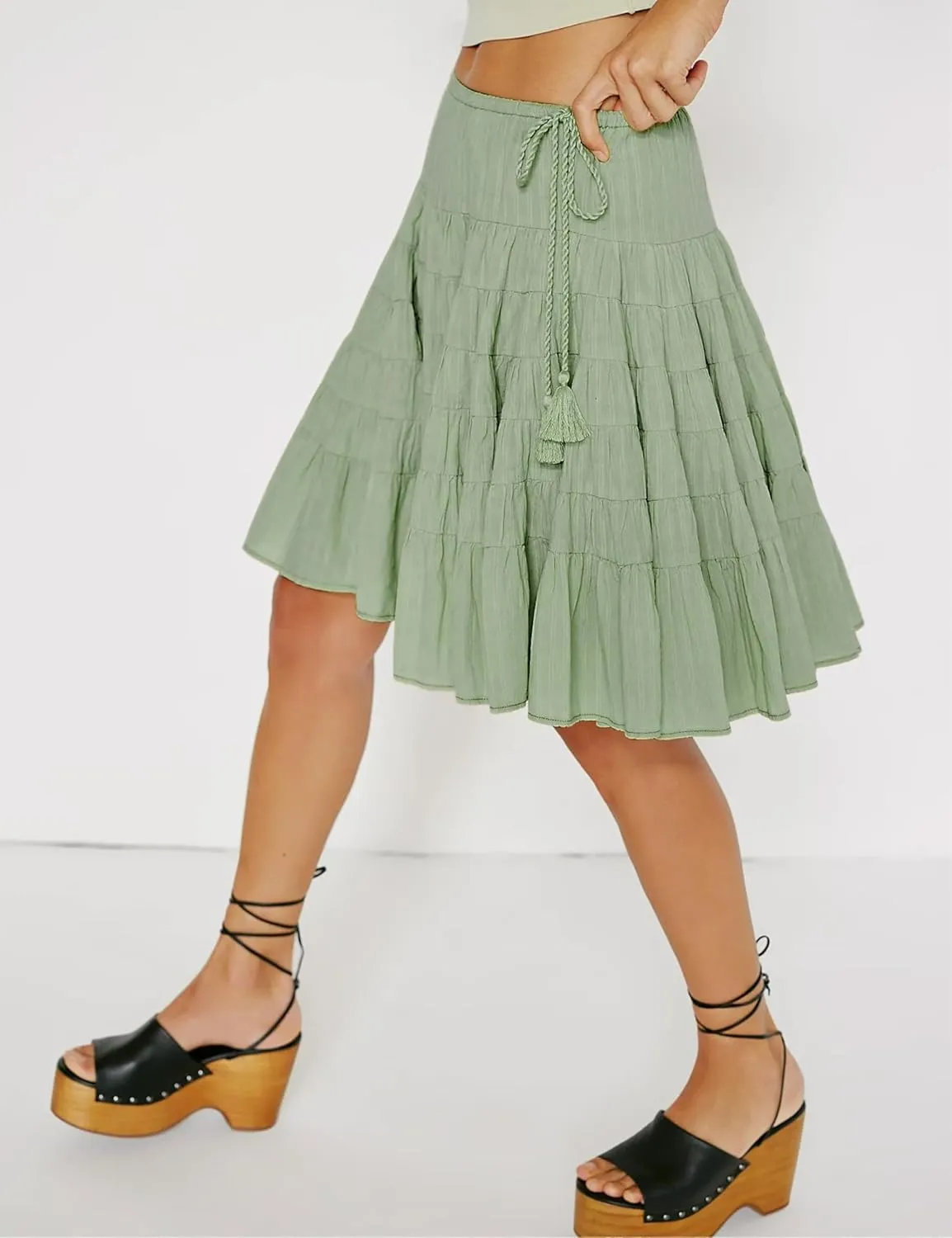 Womens Tiered Boho Pleated Drawstring Waist Knee Length Flowy Midi Short Skirts
