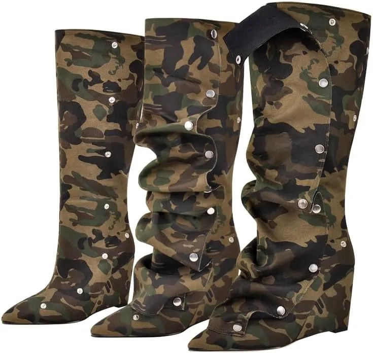 Women's Wedge Heel Knee High Slouchy Foldover Buttons Boots