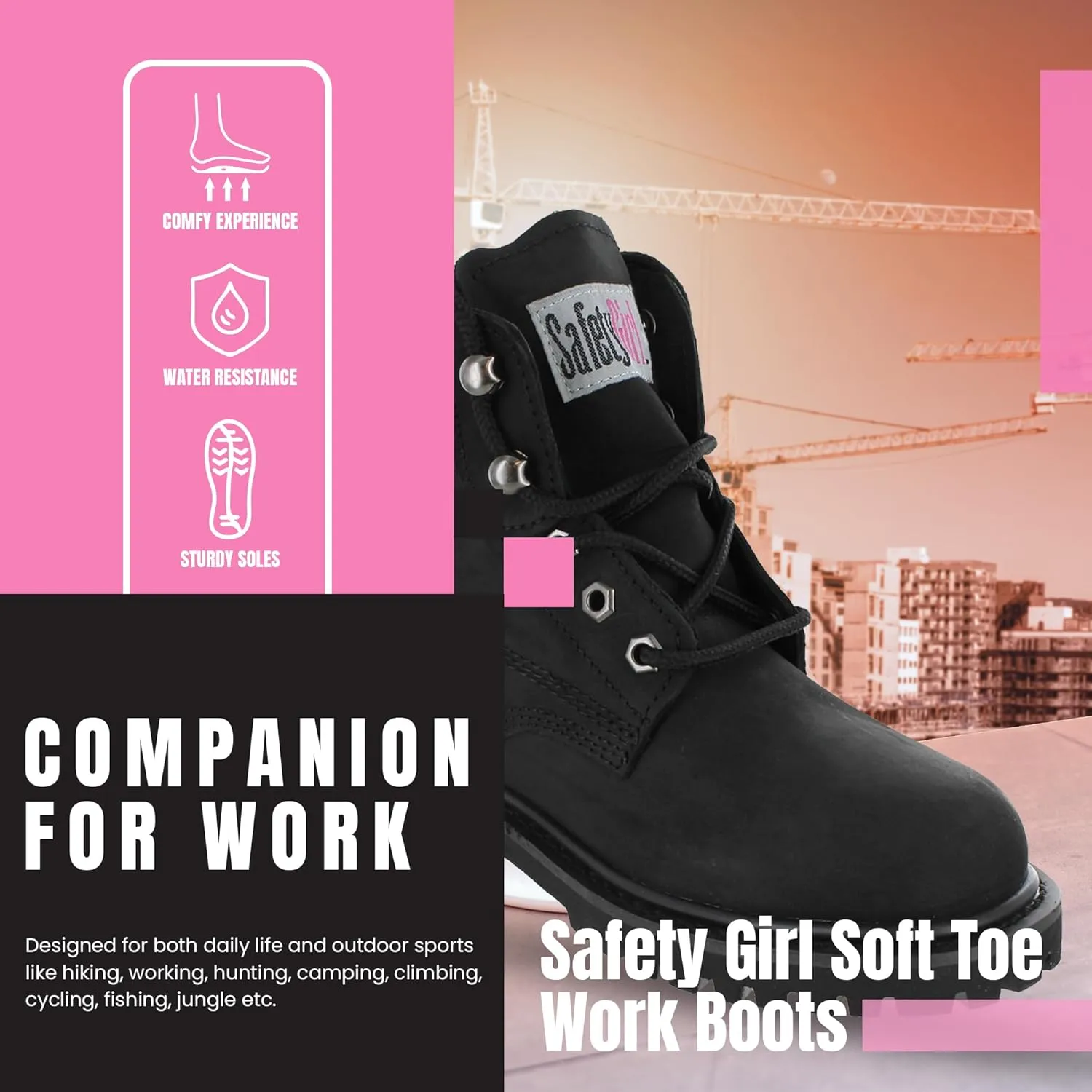 Women’s Work Boots | Waterproof Leather Work Boots for Women | Oil & Slip-Resistant Soft Toe Boots for Women | Premium Nubuck Leather | Lightweight and Comfortable | Black Leather - 11.5M