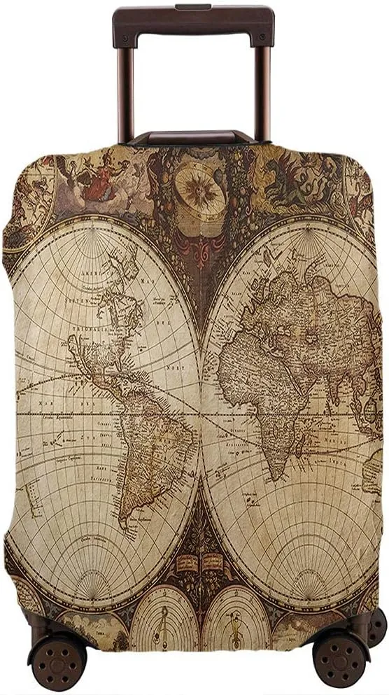 WONDERTIFY World Map Suitcase Cover Old Map Historical Atlas 1720S Nostalgic Style Travel Elastic Protective Washable Suitcase Protector Brown Fits 25 To 28 Inch
