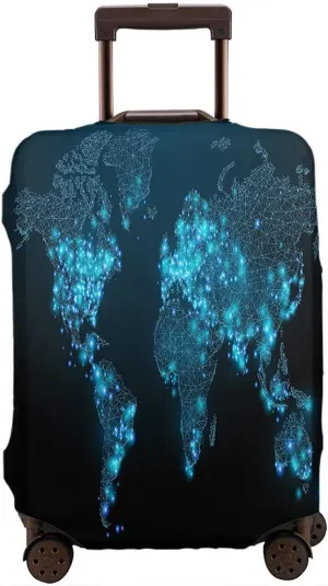 WONDERTIFY World Map Travel Suitcase Protector Starry Sky Space Points Lines Shapes Planets Stars Universe Night Elastic Washable Luggage Cover With Concealed Zipper Blue Light Fits 29-32 Inch