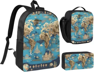 World Geography Map print 3PCS Backpack for Men Women Aesthetic 17 Inches Bookbag with Lunch Box Pencil Bag