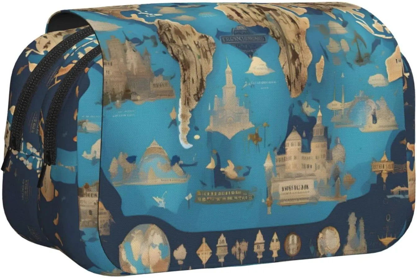 World Geography Map print Pencil Pen Case Pouch Bag Home College Office Organizer for Adults Big Capacity