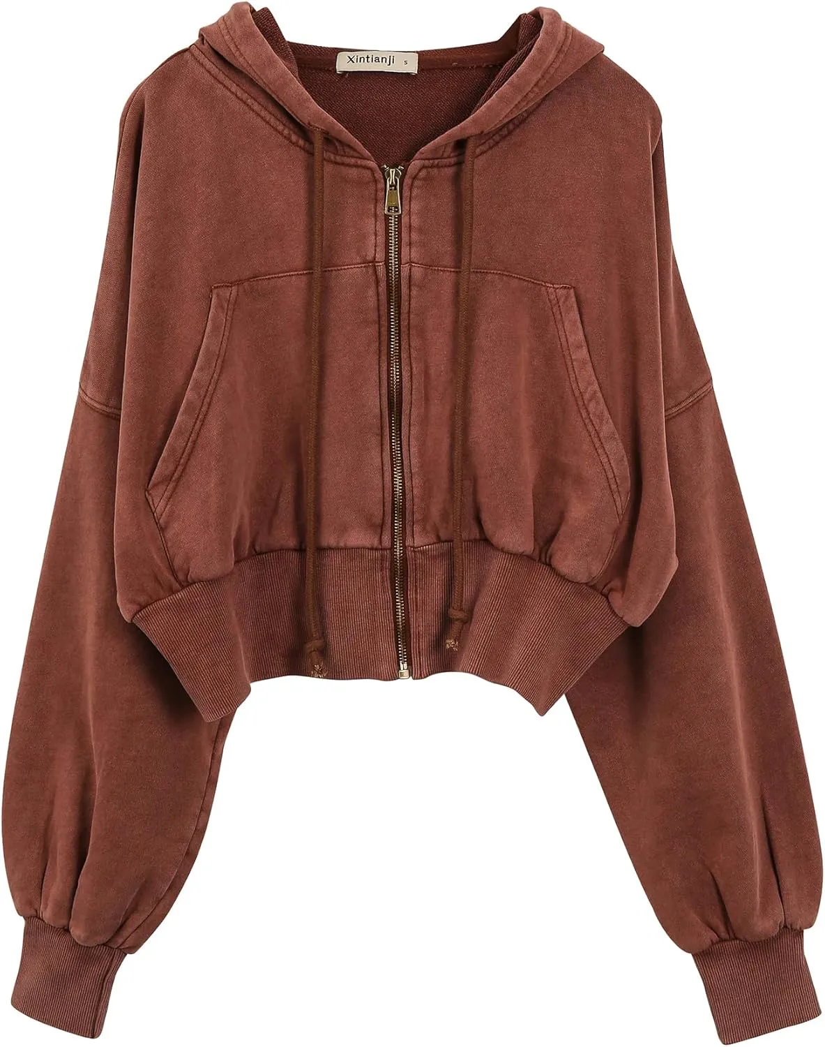 Xintianji Retro Vintage Crop Hoodie for Women - Lightweight Long Sleeve Zip Up Pullover Sweatshirts with Pockets