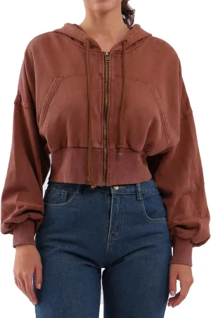 Xintianji Retro Vintage Crop Hoodie for Women - Lightweight Long Sleeve Zip Up Pullover Sweatshirts with Pockets