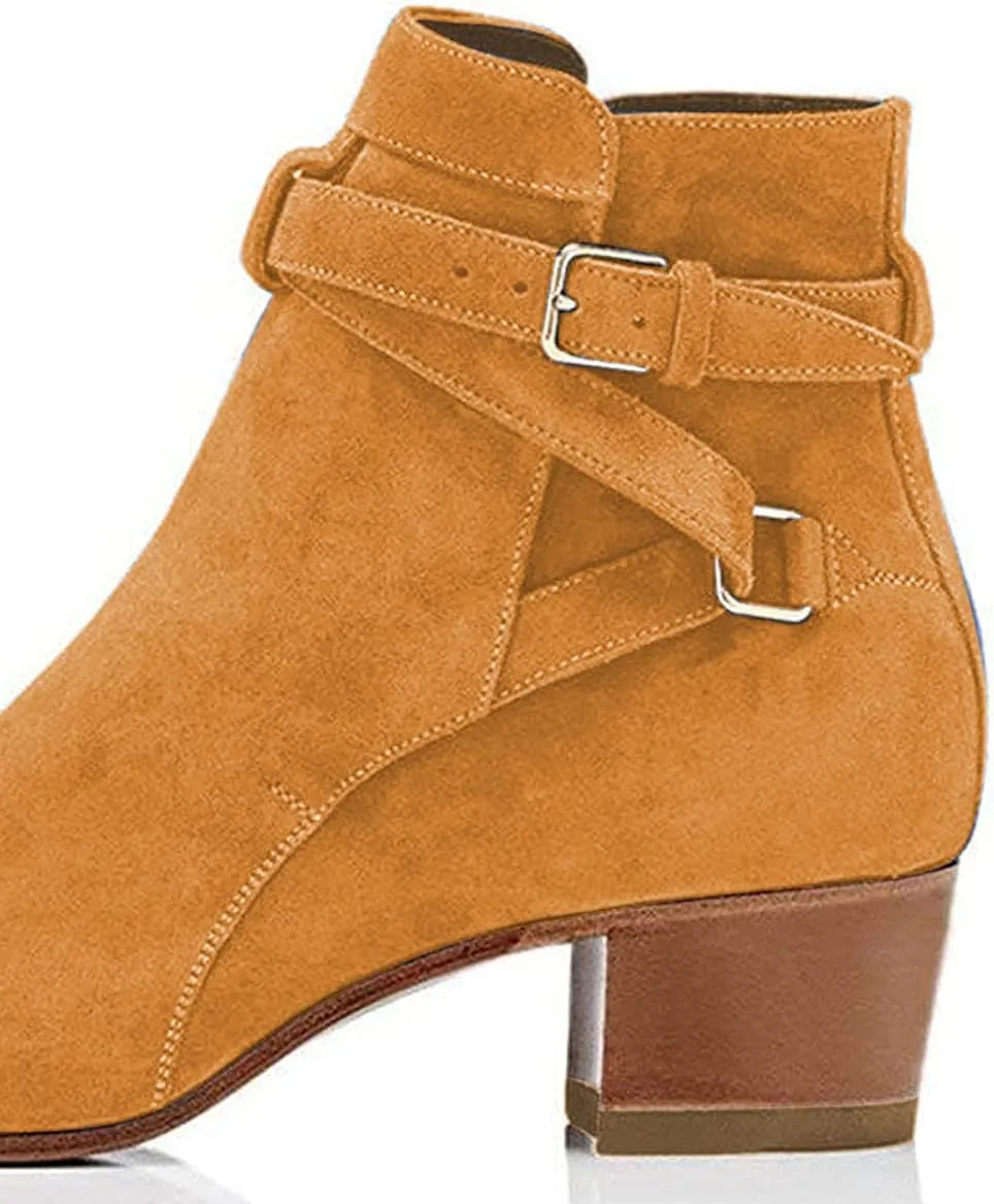 YDN Women Block Low Heel Suede Cowgirl Boots Pull on Ankle Bootie with Buckle