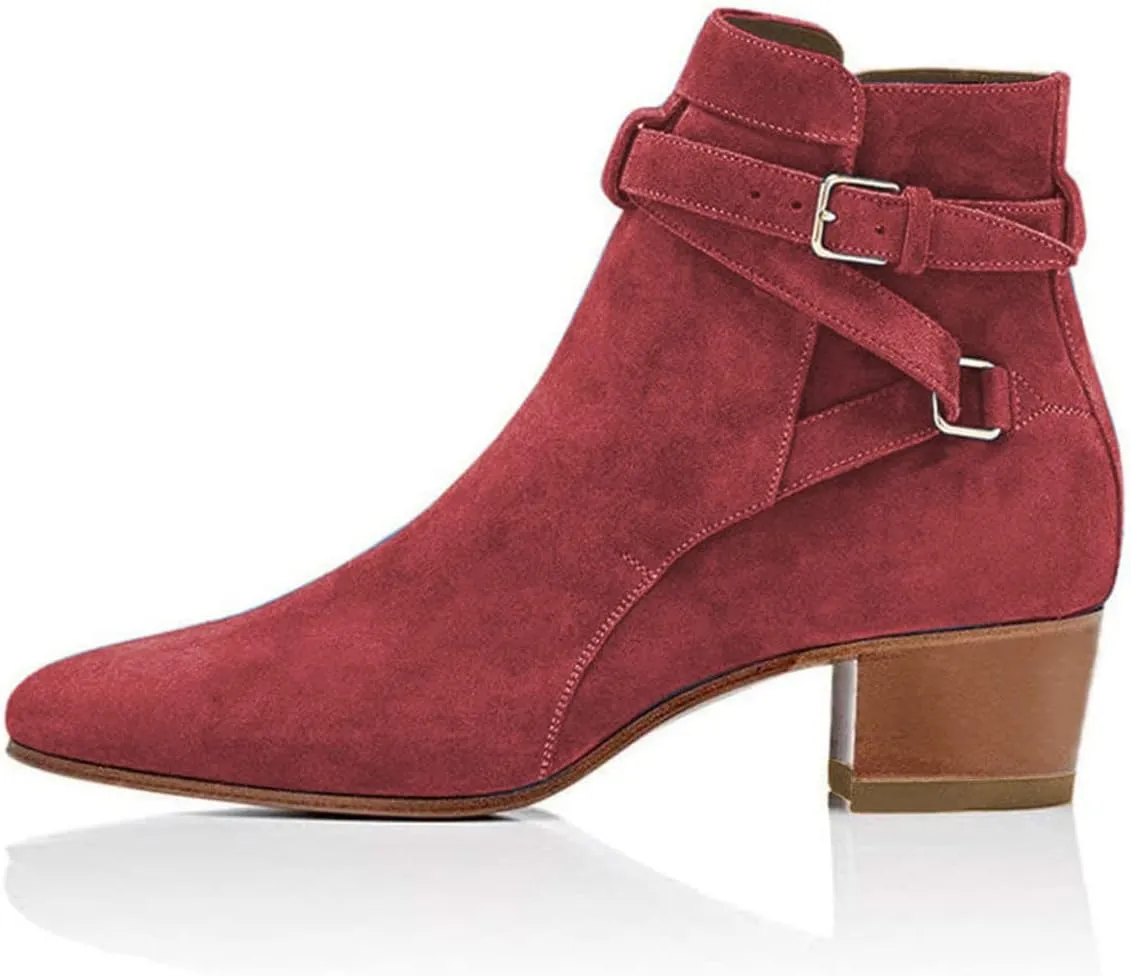 YDN Women Block Low Heel Suede Cowgirl Boots Pull on Ankle Bootie with Buckle