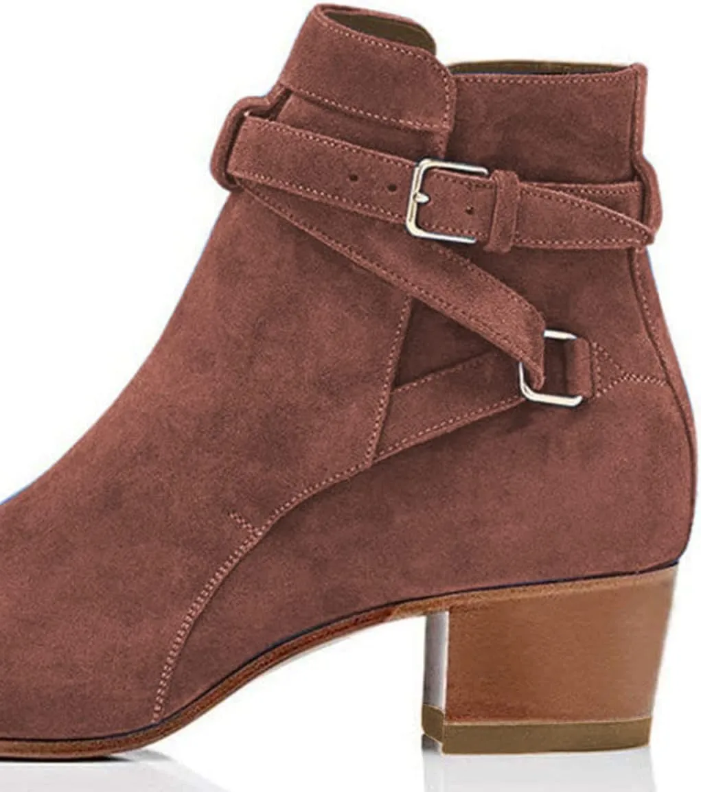 YDN Women Block Low Heel Suede Cowgirl Boots Pull on Ankle Bootie with Buckle