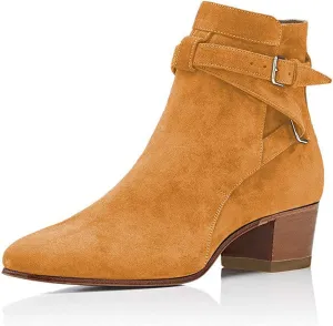 YDN Women Block Low Heel Suede Cowgirl Boots Pull on Ankle Bootie with Buckle