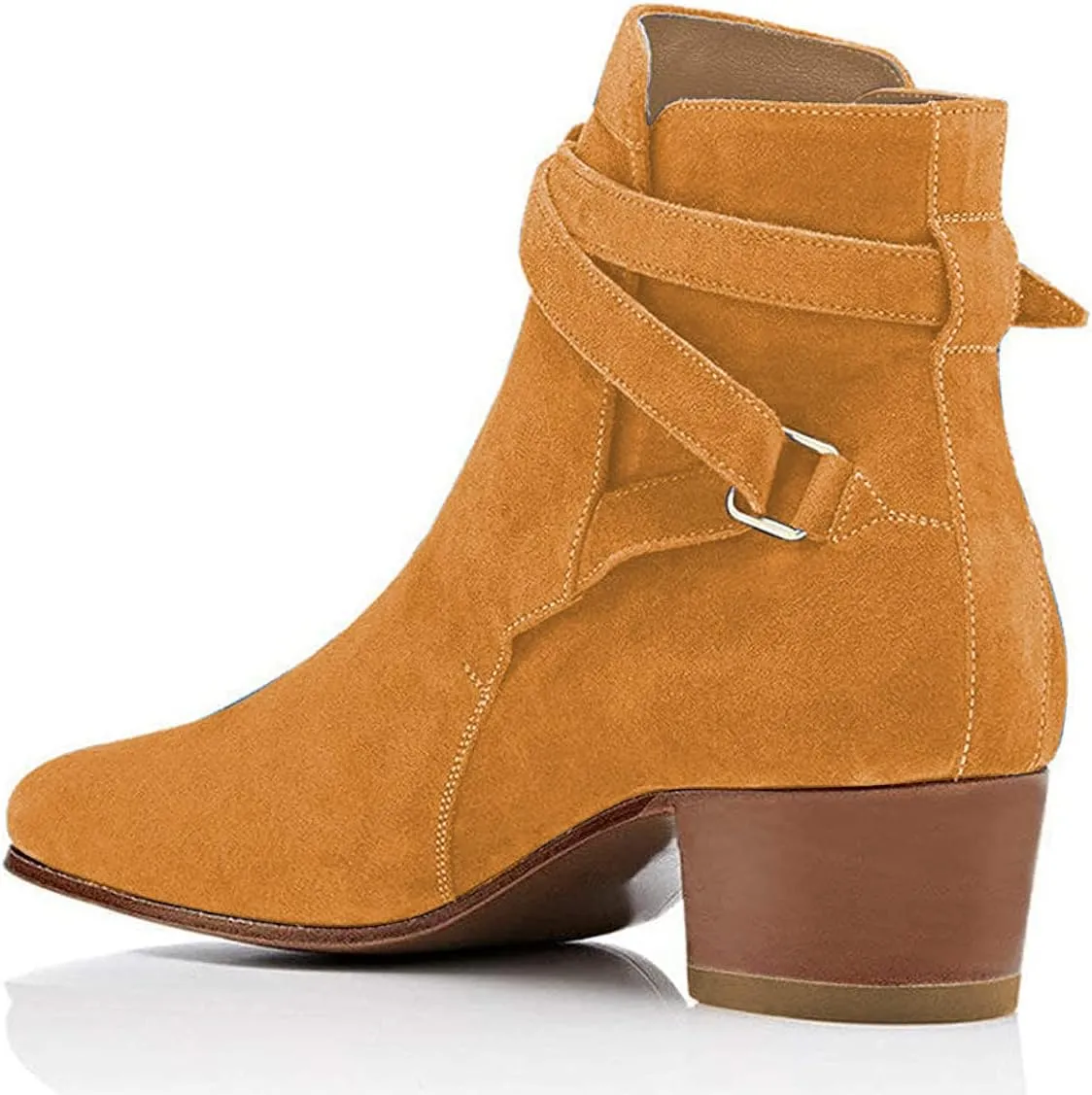 YDN Women Block Low Heel Suede Cowgirl Boots Pull on Ankle Bootie with Buckle