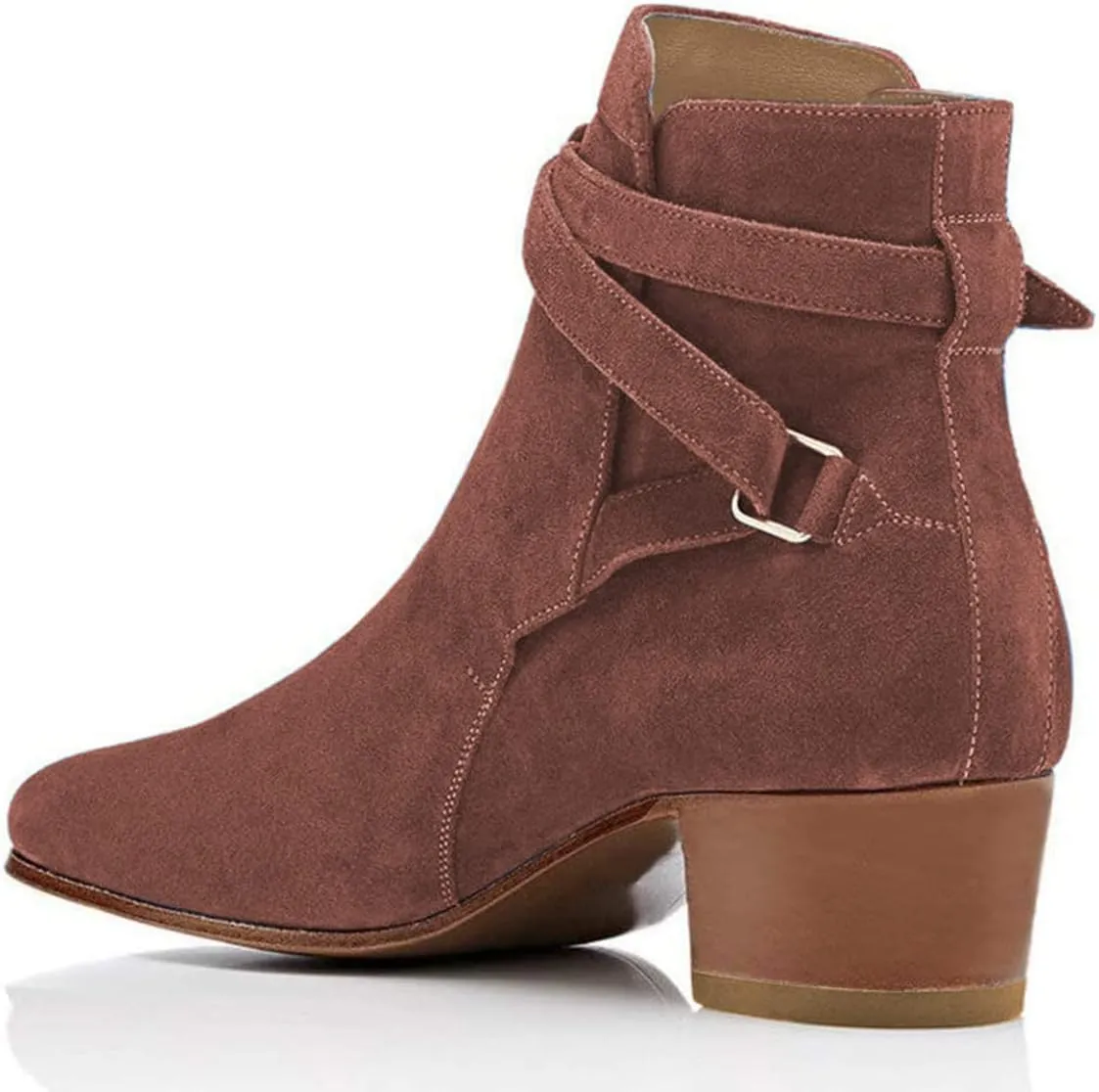YDN Women Block Low Heel Suede Cowgirl Boots Pull on Ankle Bootie with Buckle