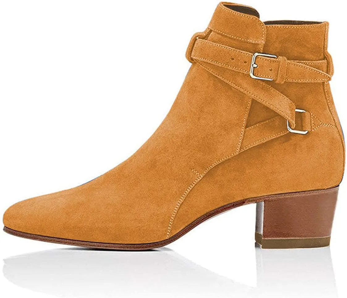 YDN Women Block Low Heel Suede Cowgirl Boots Pull on Ankle Bootie with Buckle