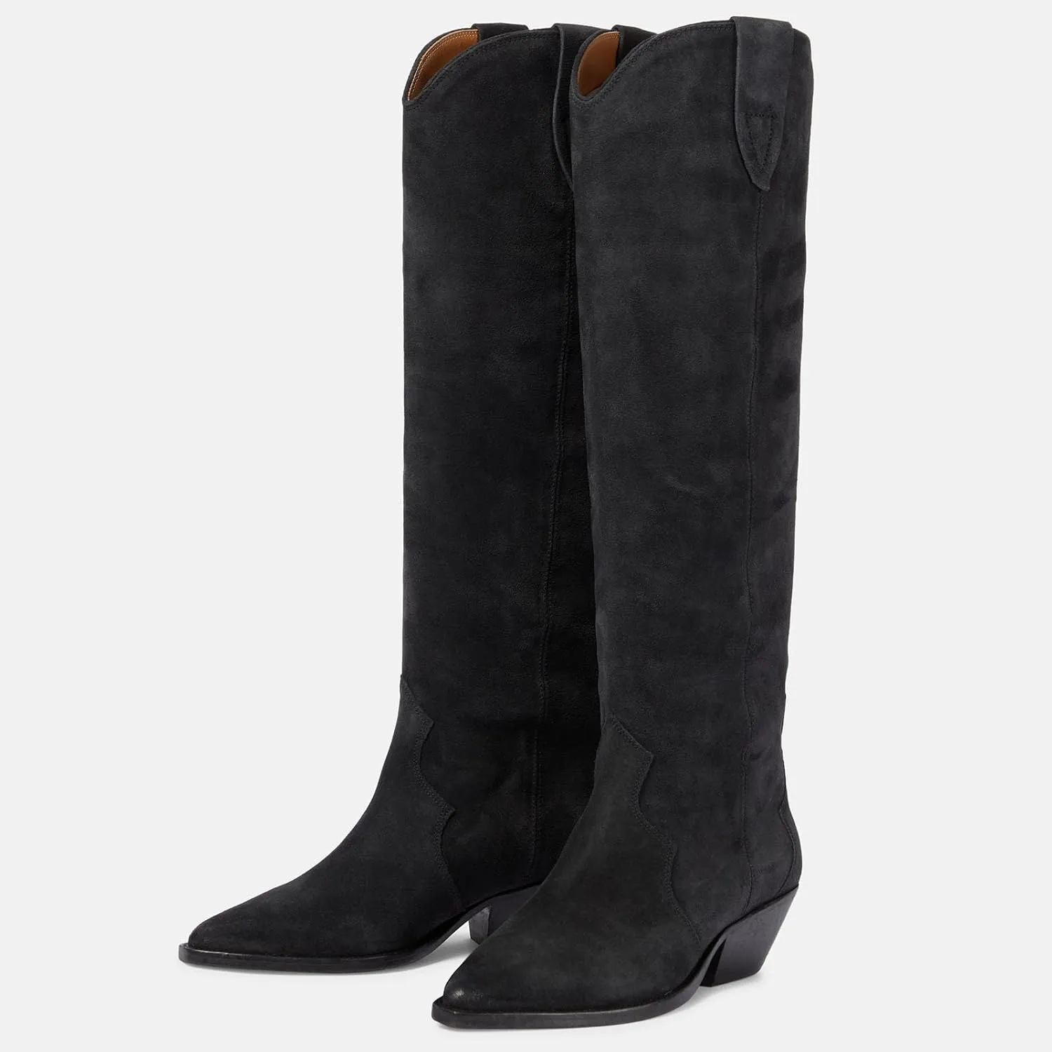 Yishaweiqi Camel Suede Knee High Boots for Women Snip Toe Chunky Heel Cowboy Cowgirl Boots Ladies Fall Wide Calf Tall Boots