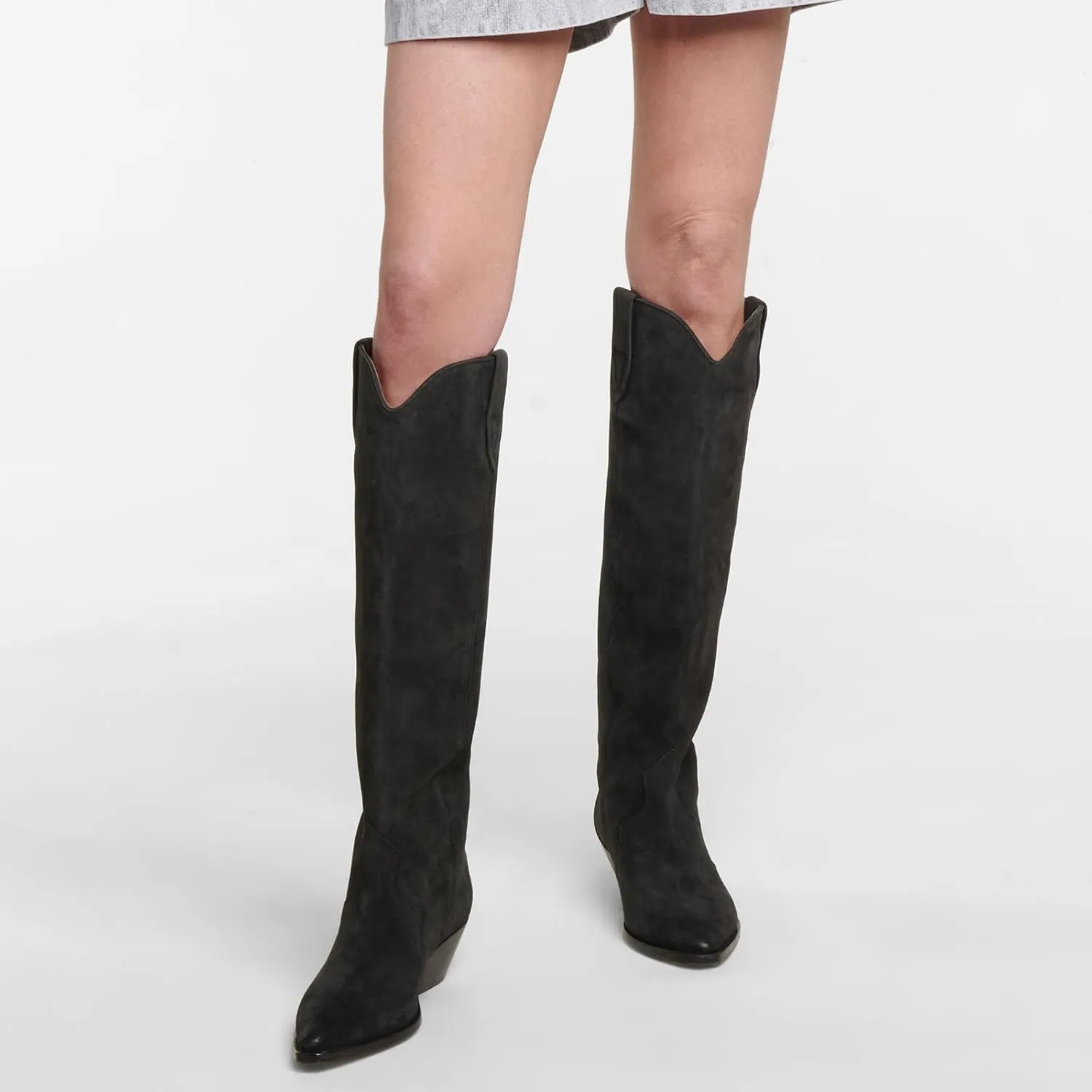 Yishaweiqi Camel Suede Knee High Boots for Women Snip Toe Chunky Heel Cowboy Cowgirl Boots Ladies Fall Wide Calf Tall Boots