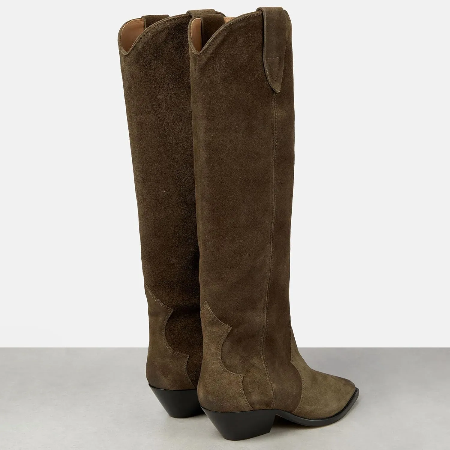 Yishaweiqi Camel Suede Knee High Boots for Women Snip Toe Chunky Heel Cowboy Cowgirl Boots Ladies Fall Wide Calf Tall Boots