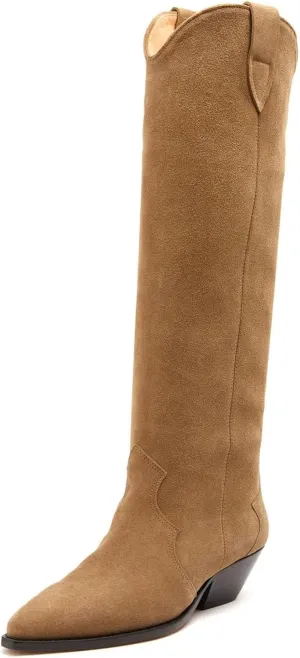 Yishaweiqi Camel Suede Knee High Boots for Women Snip Toe Chunky Heel Cowboy Cowgirl Boots Ladies Fall Wide Calf Tall Boots