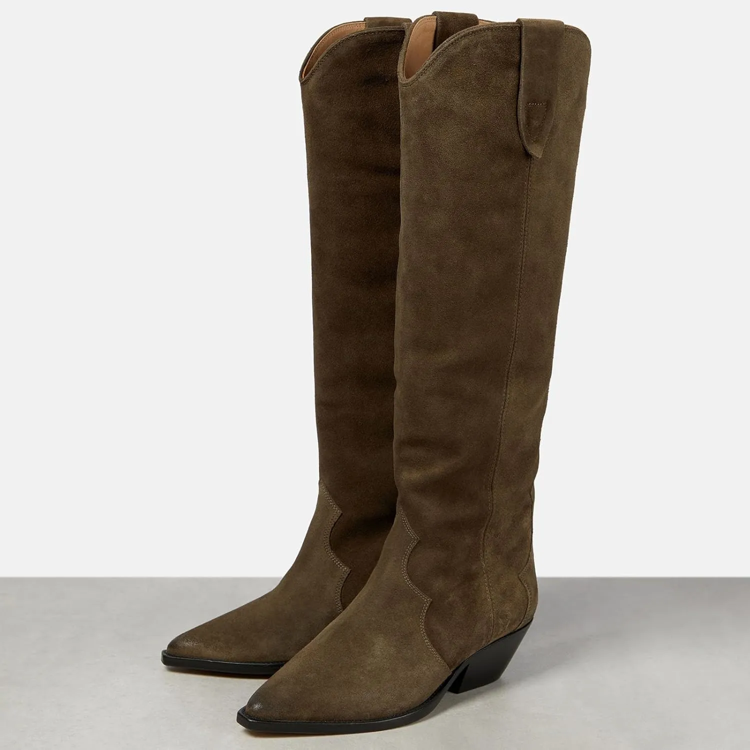 Yishaweiqi Camel Suede Knee High Boots for Women Snip Toe Chunky Heel Cowboy Cowgirl Boots Ladies Fall Wide Calf Tall Boots