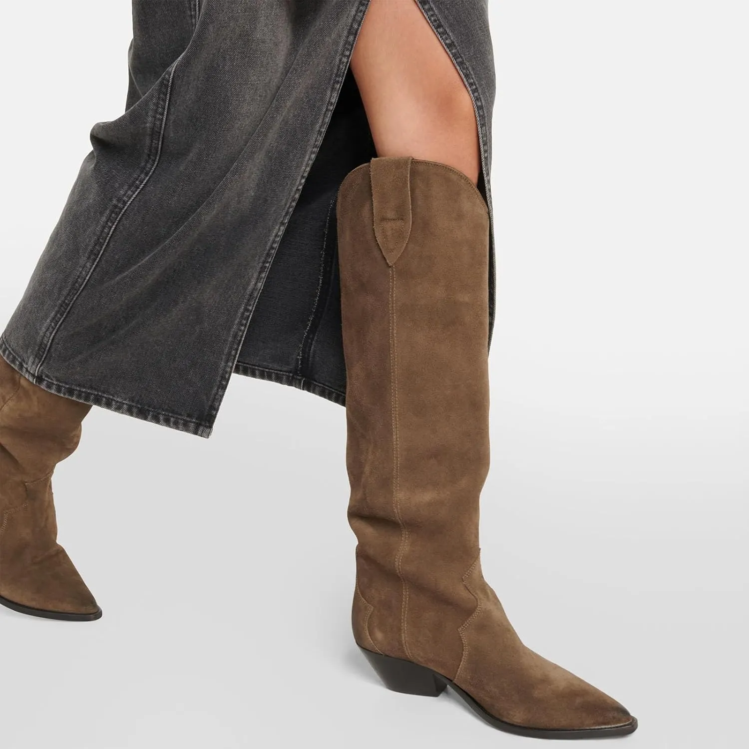 Yishaweiqi Camel Suede Knee High Boots for Women Snip Toe Chunky Heel Cowboy Cowgirl Boots Ladies Fall Wide Calf Tall Boots